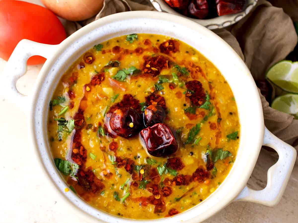 dal fry with toor and masoor dal.