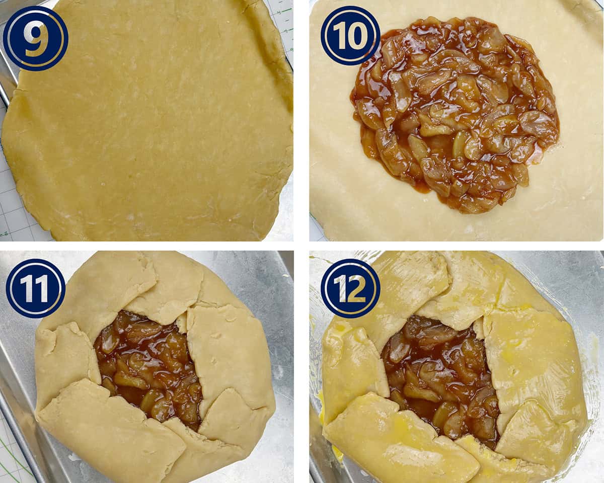 An apple galette is being prepped for baking.