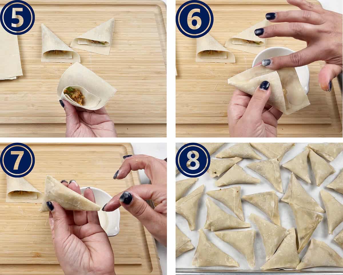 A spicy chicken filling is added to spring roll wrappers to make samosas.