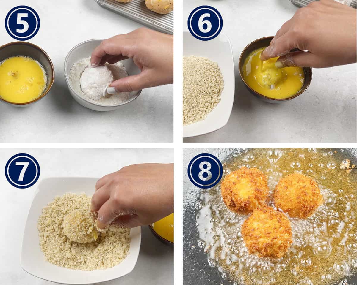 Potato cheese balls are being coated with breadcrumbs and then fried.