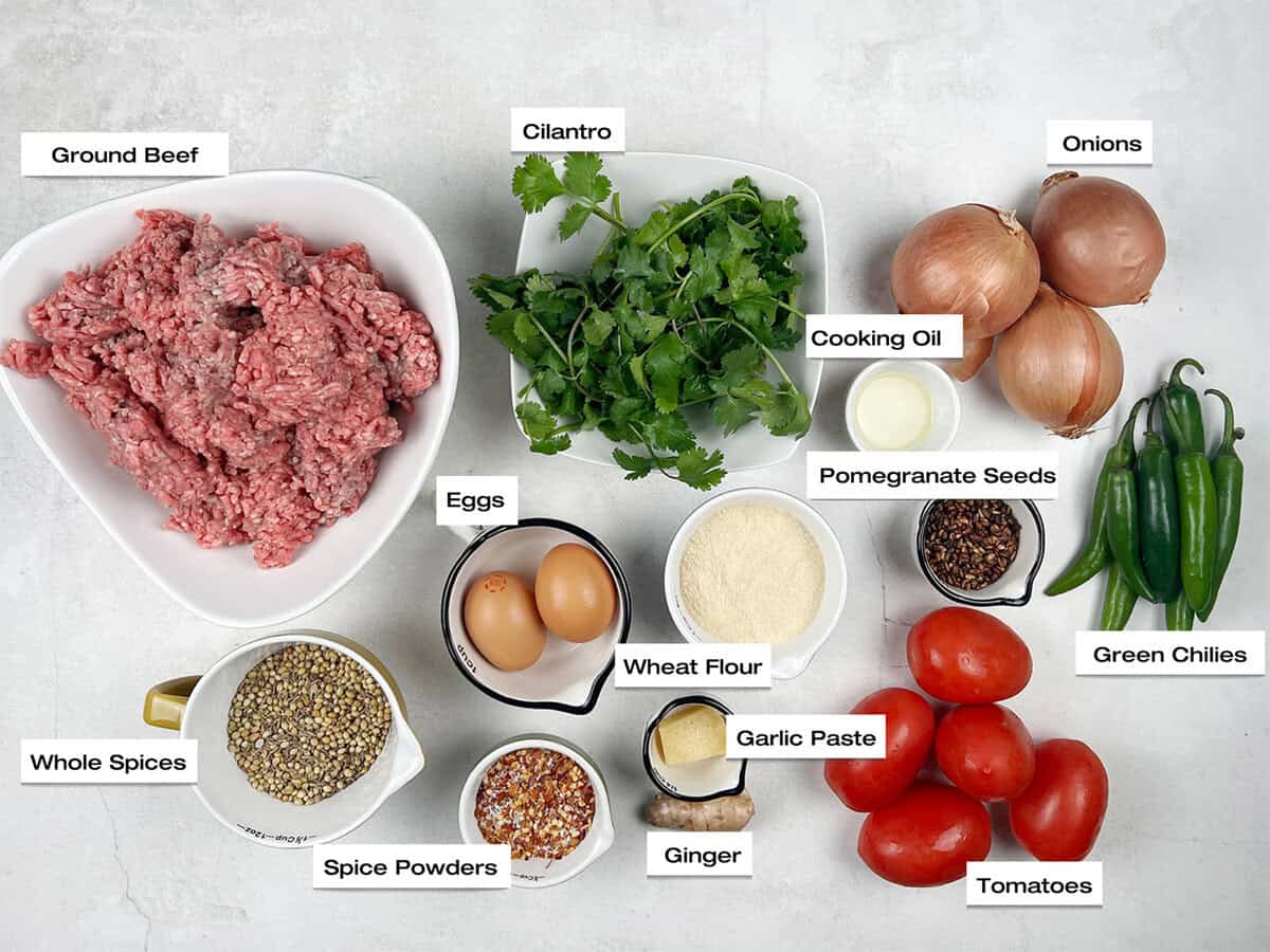 Ingredients for a chapli kabab recipe.