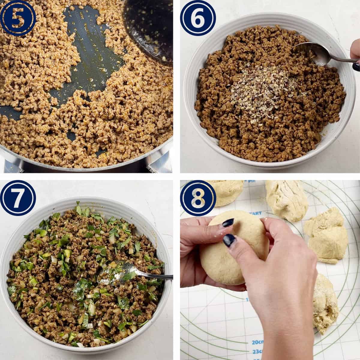 A ground beef filling and dough are being prepared for a stuffed Pakistani flatbread.