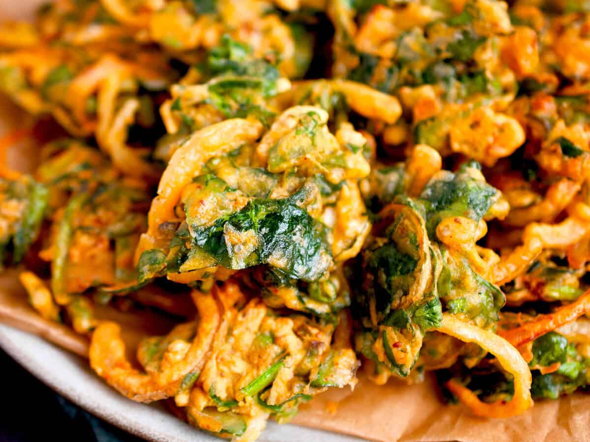 Spinach pakoras with onions.