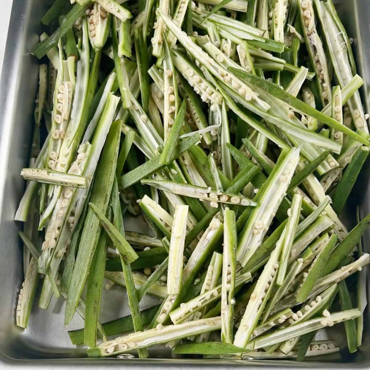 Prepped bhindi for a recipe.