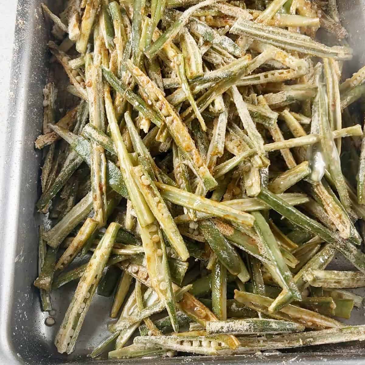 Prepped okra for a kurkuri bhindi recipe.
