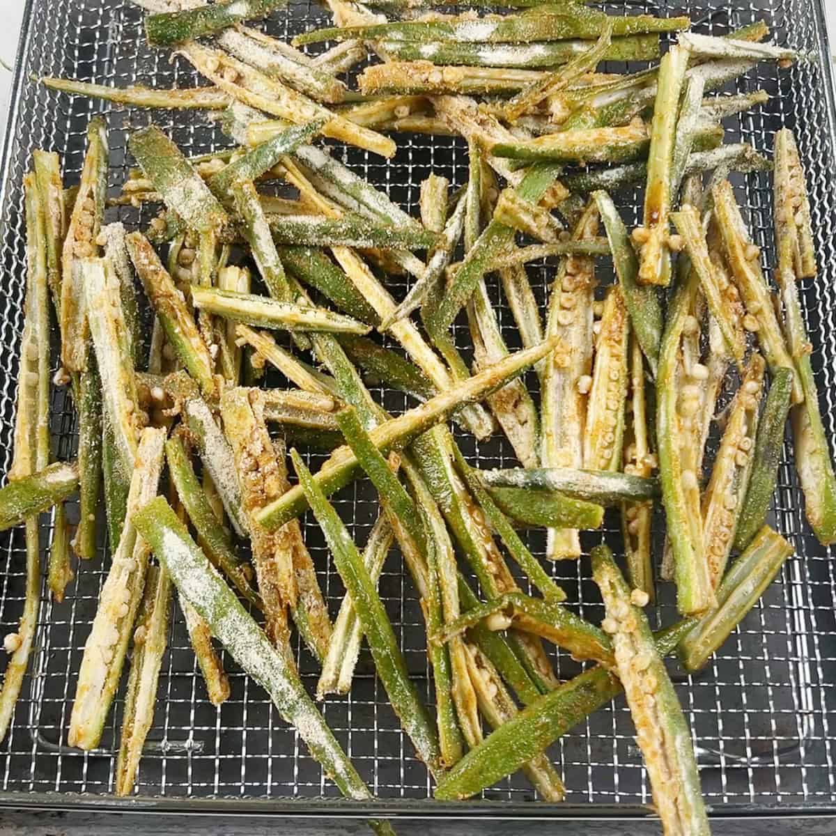 Okra tossed in spices, chickpea flour, and avocado oil spray